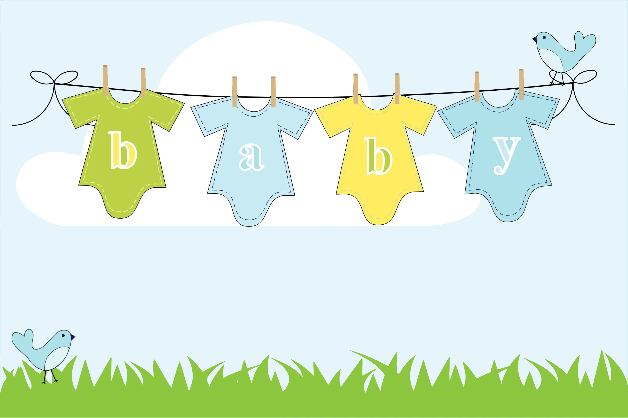 Adorable Baby Onesies Hanging on Clothesline Clipart - Soft Pastel Nursery Design
