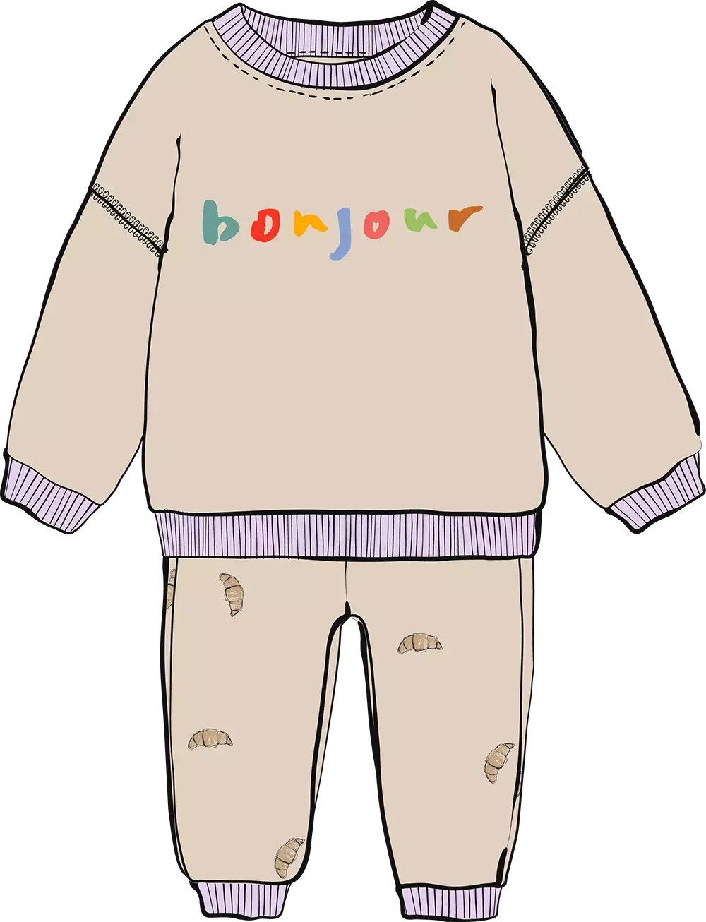 Adorable Children's French-Inspired Bonjour Sweatshirt and Pants Clipart Set