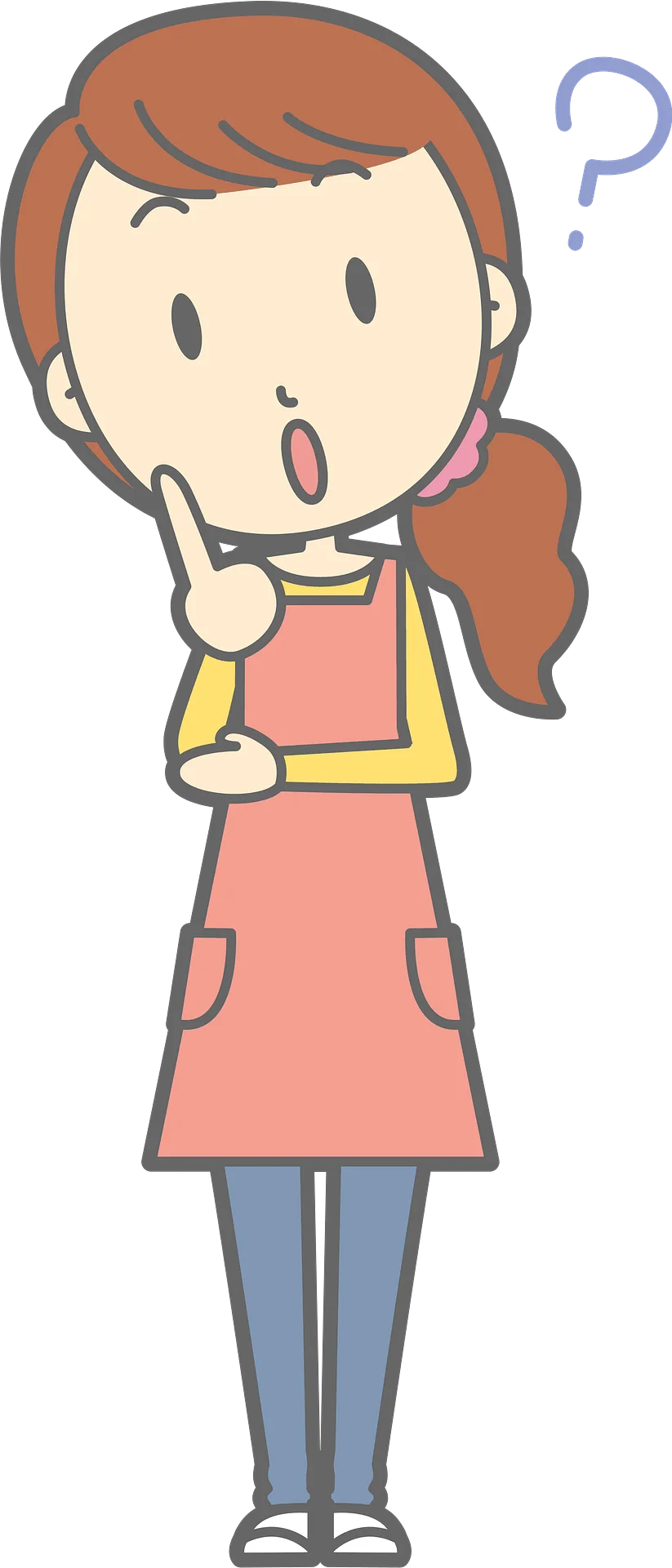 Adorable Puzzled Little Girl in Apron Clipart: Thoughtful Cartoon Character Wondering