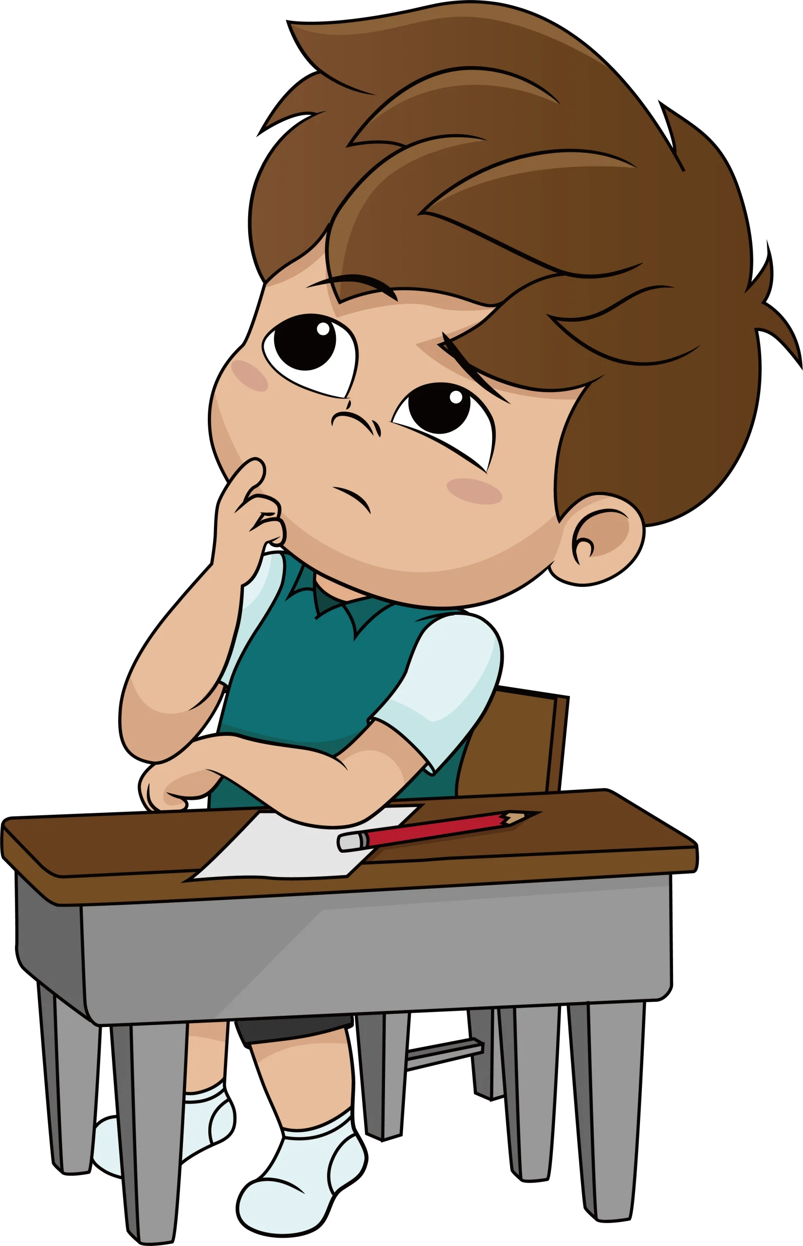 Adorable Young Student Deep in Thought Cartoon Clipart of Learning Moment