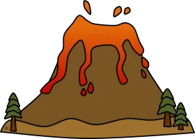 Cartoonish Erupting Volcano Clipart with Pine Trees Landscape Scene