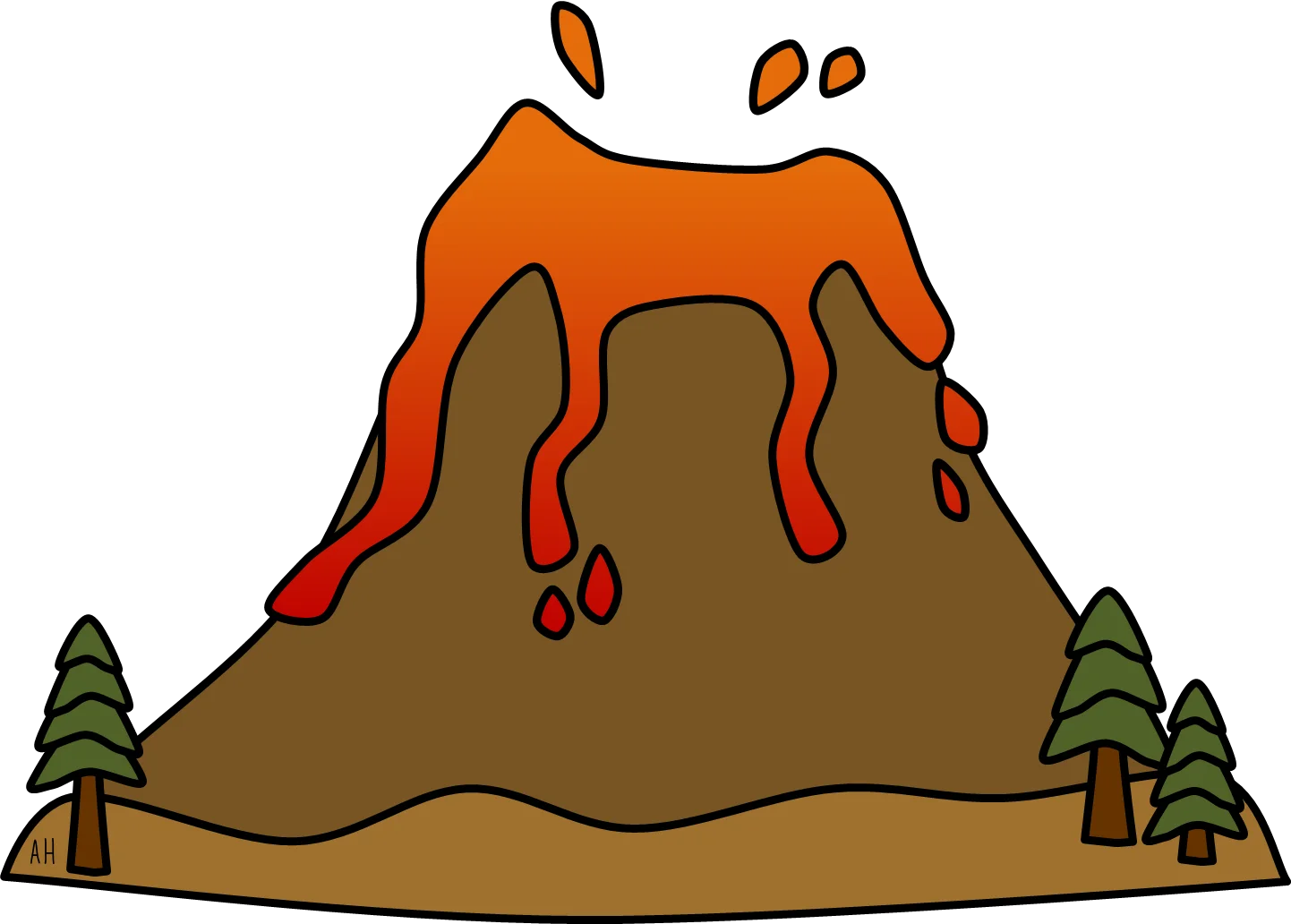 Cartoonish Erupting Volcano Clipart with Pine Trees Landscape Scene