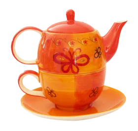 Charming Butterfly-Adorned Orange and Yellow Ceramic Tea-for-One Clipart Teapot Set