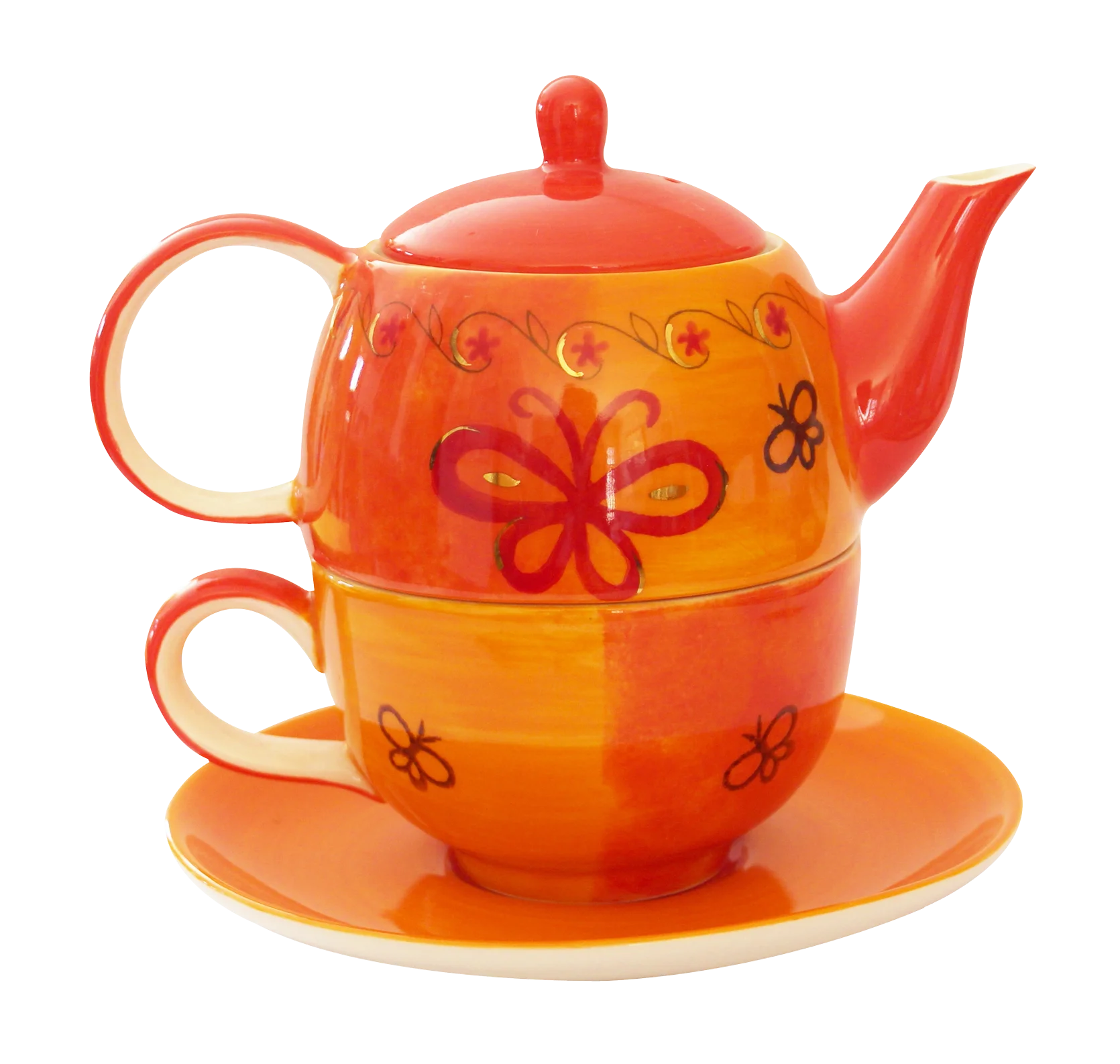 Charming Butterfly-Adorned Orange and Yellow Ceramic Tea-for-One Clipart Teapot Set