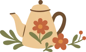 Charming Rustic Floral Teapot Clipart with Vintage Botanical Accents