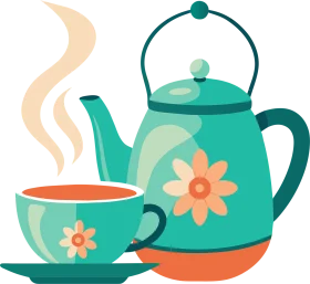 Charming Teal Floral Tea Set Clipart with Steaming Hot Beverage Illustration