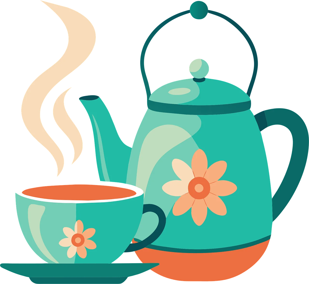 Charming Teal Floral Tea Set Clipart with Steaming Hot Beverage Illustration