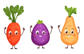 Cheerful Cartoon Vegetable Characters Clipart - Carrot, Eggplant, and Parsnip Friends