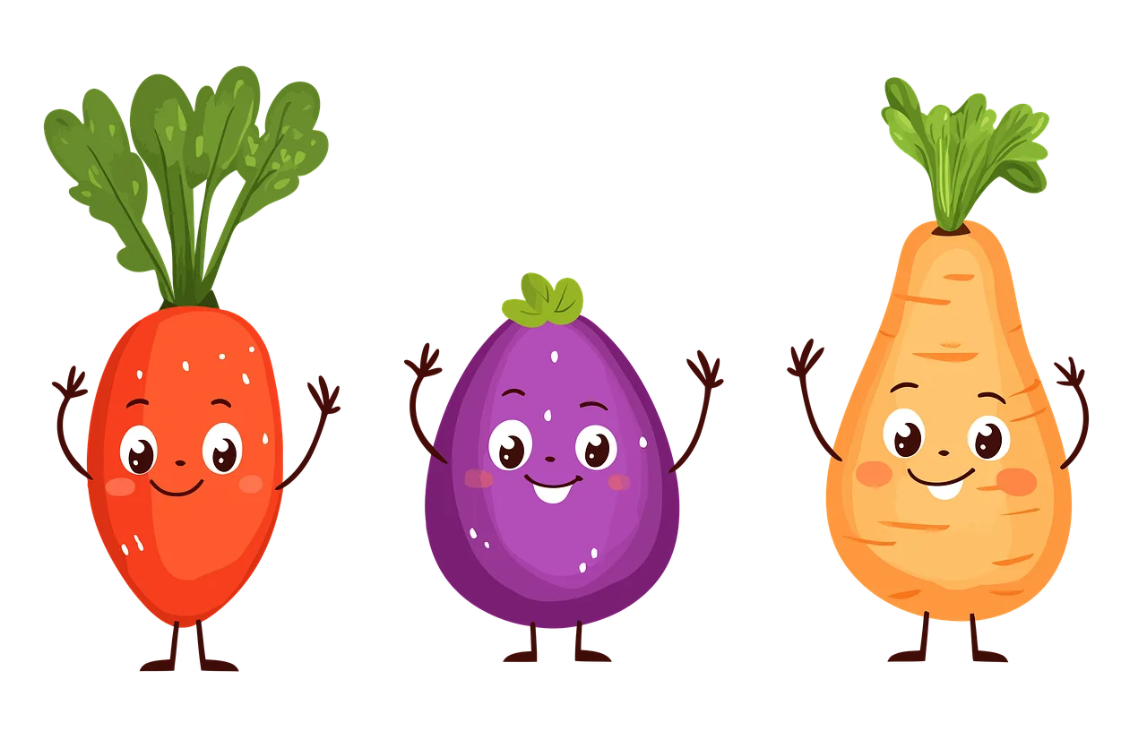 Cheerful Cartoon Vegetable Characters Clipart - Carrot, Eggplant, and Parsnip Friends