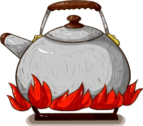 Classic Metallic Teapot with Fiery Red Flames Heating Clipart Illustration