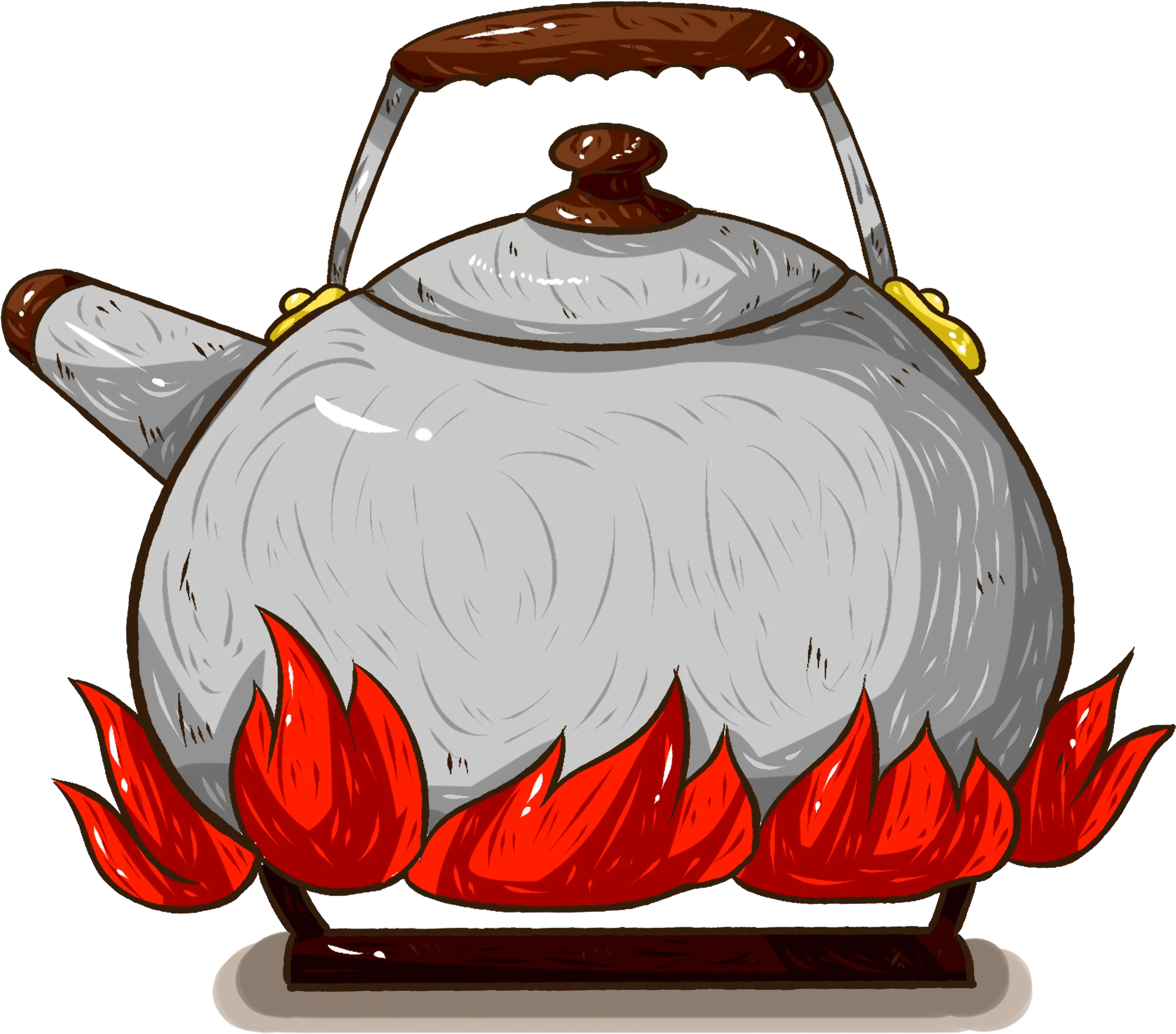 Classic Metallic Teapot with Fiery Red Flames Heating Clipart Illustration
