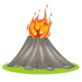 Erupting Volcano Clipart: Fiery Peak Emerging from Grassy Landscape with Dramatic Flames