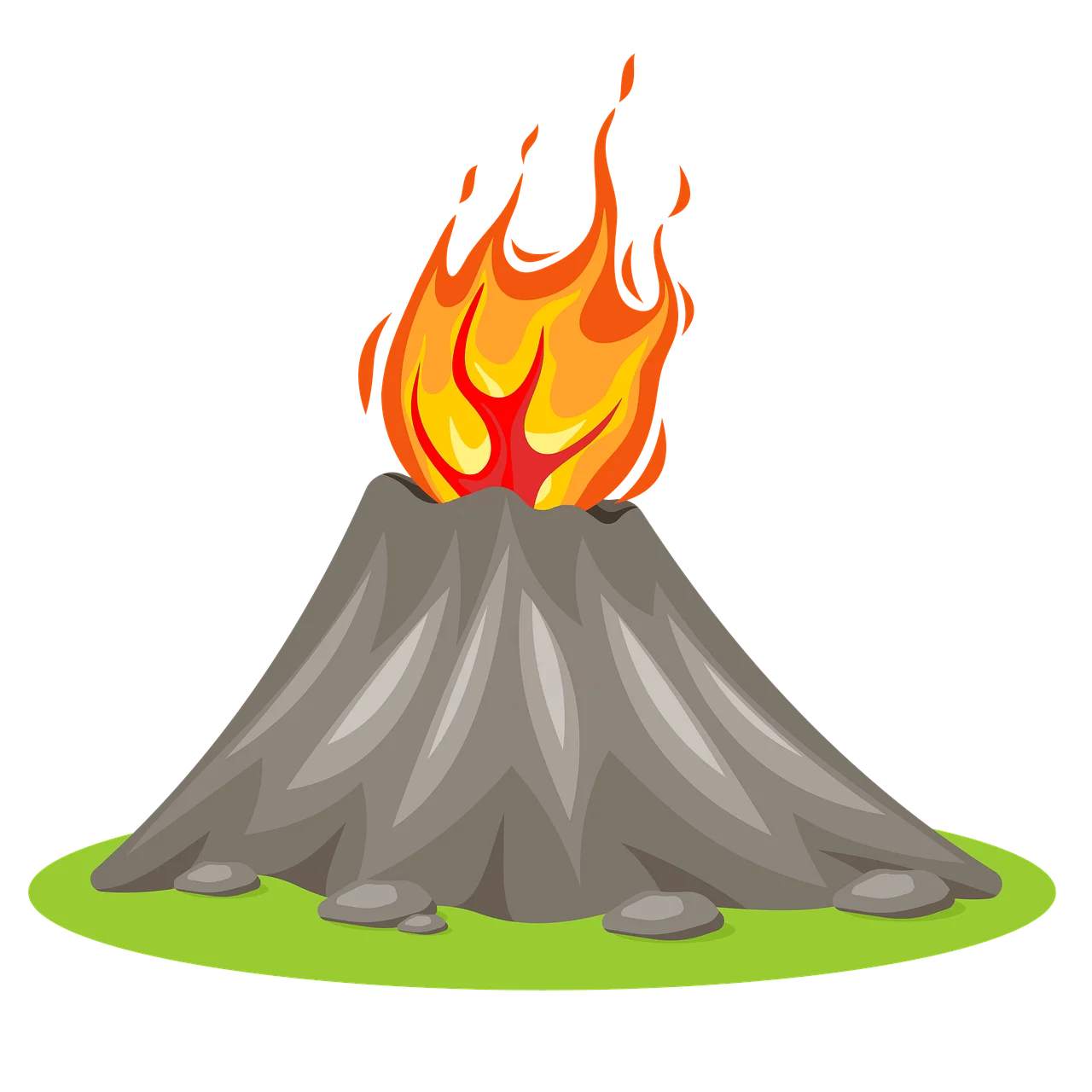 Erupting Volcano Clipart: Fiery Peak Emerging from Grassy Landscape with Dramatic Flames