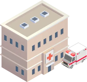 Isometric Hospital Building Clipart with Ambulance in Minimalist Design