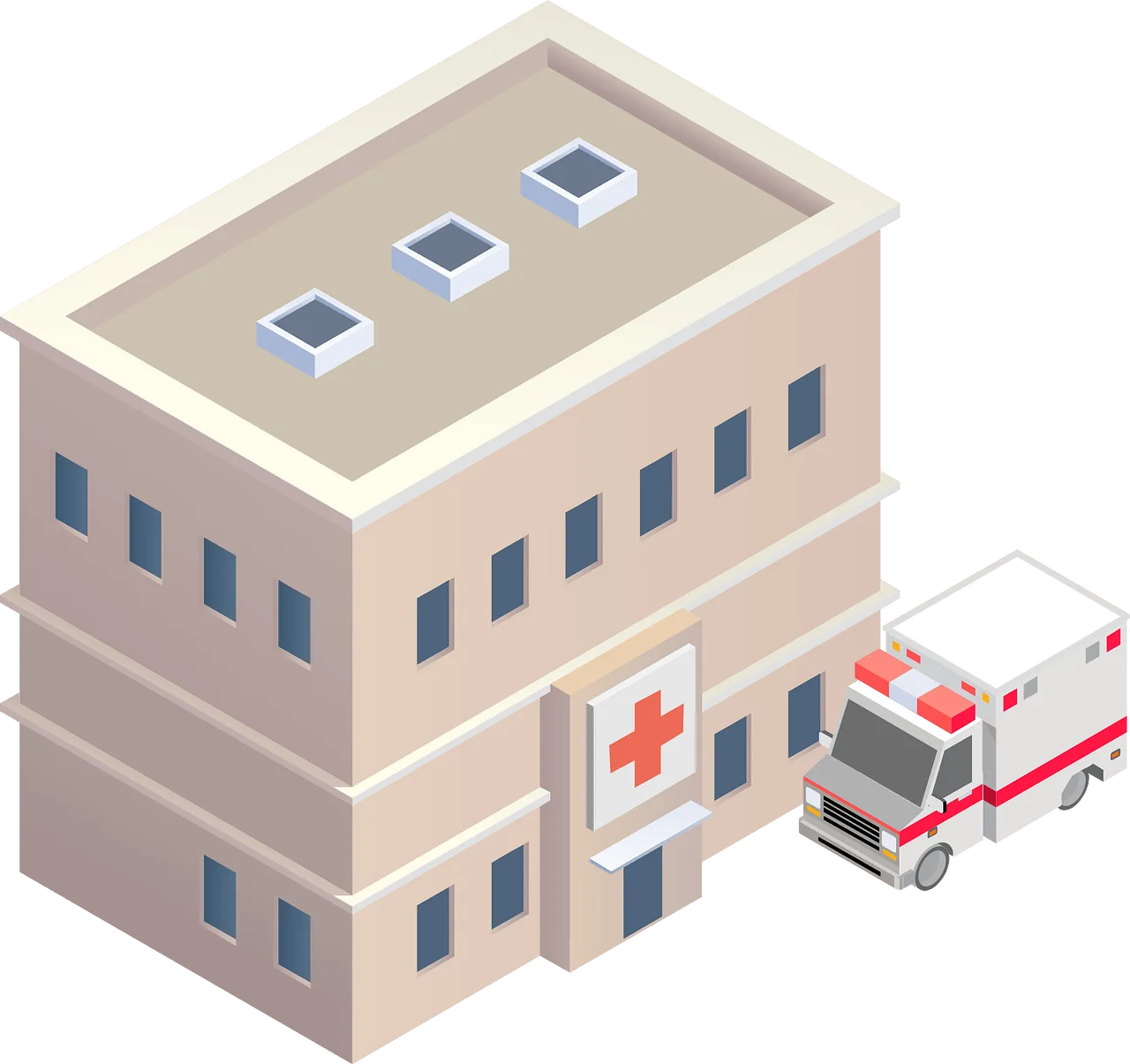 Isometric Hospital Building Clipart with Ambulance in Minimalist Design