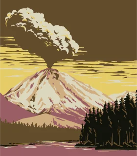 Majestic Mountain Eruption: A Vintage-Inspired Volcanic Landscape Clipart Scene