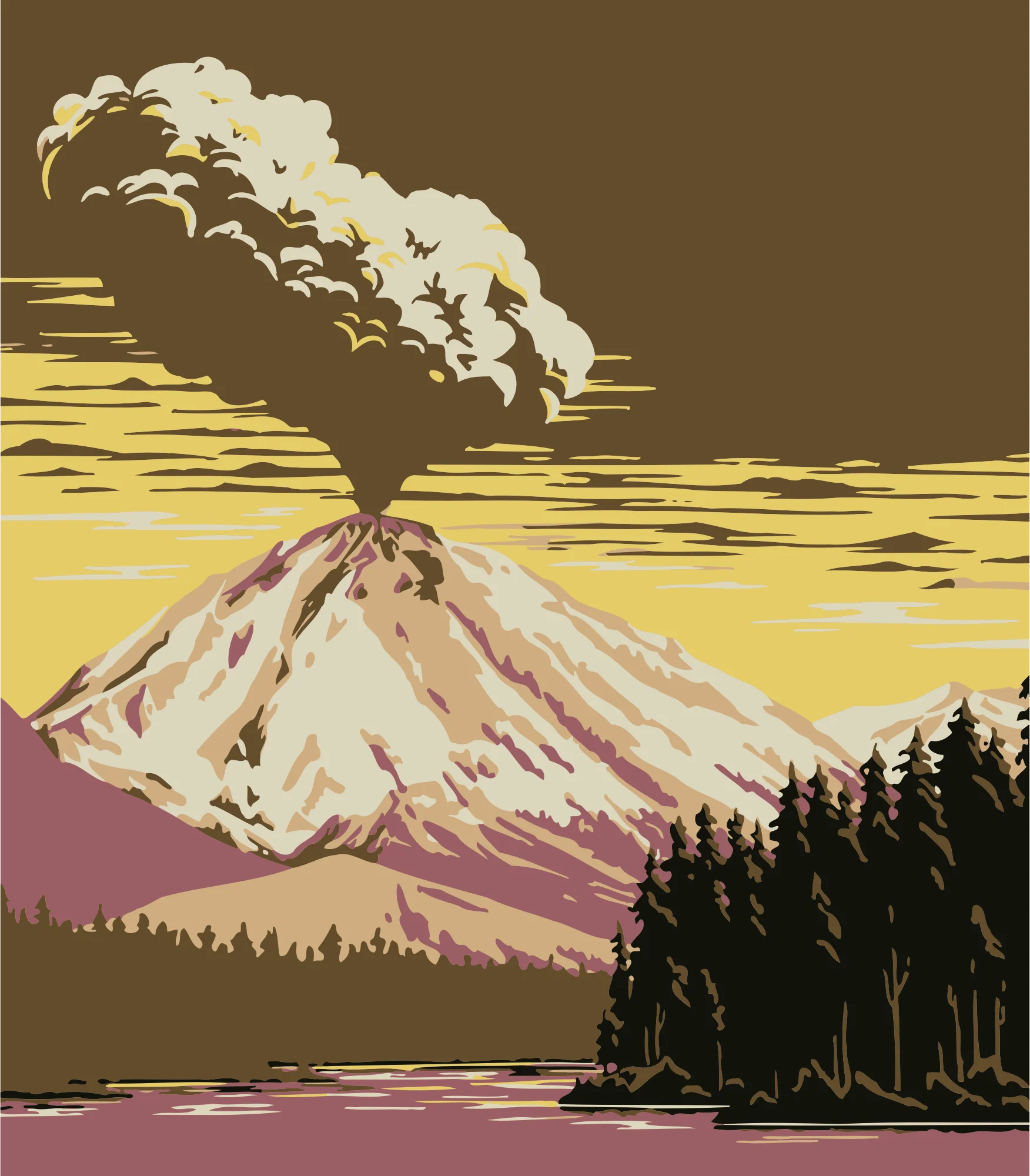 Majestic Mountain Eruption: A Vintage-Inspired Volcanic Landscape Clipart Scene