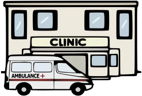 Minimalist Medical Facility Clipart Illustration with Ambulance and Clinic Building