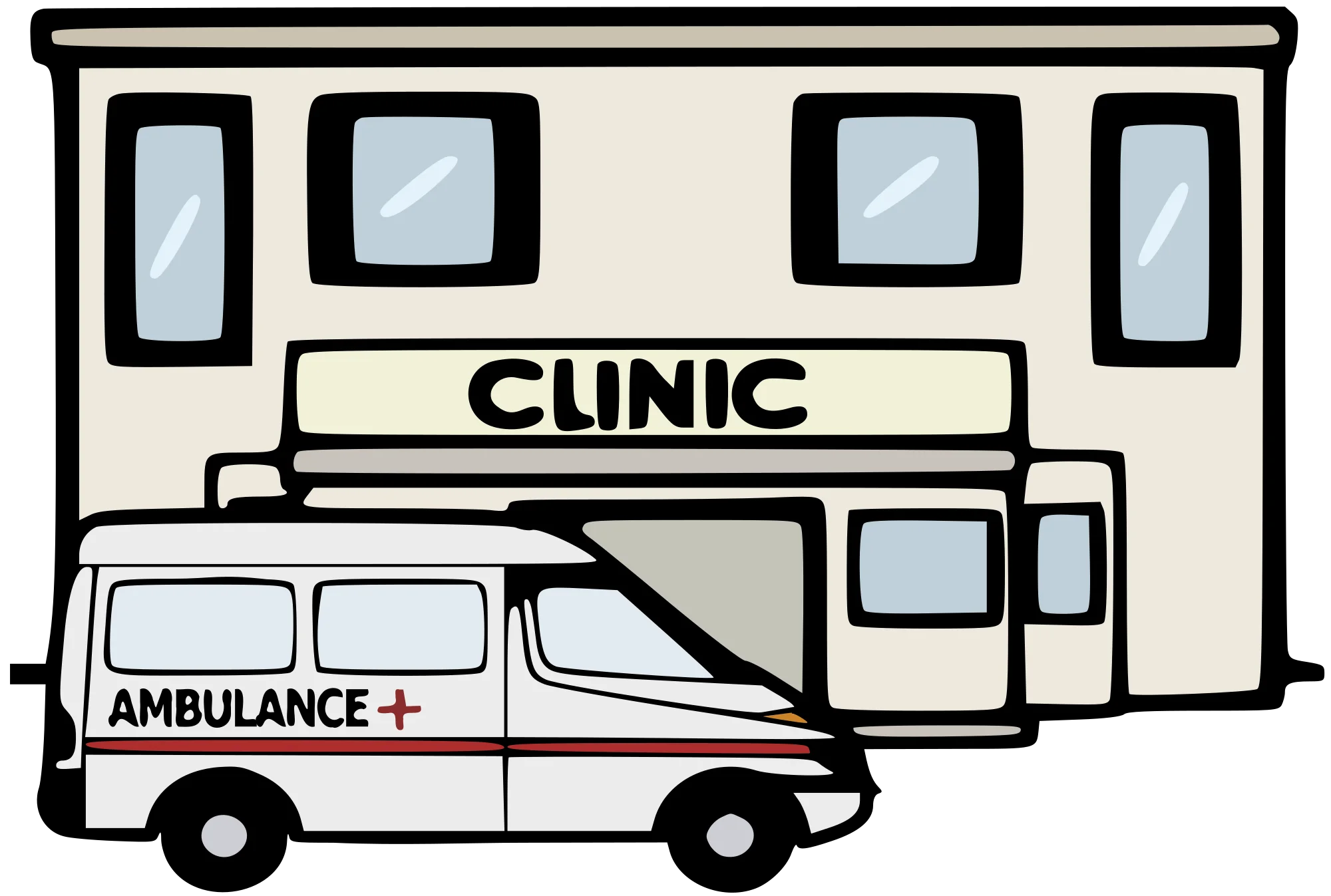 Minimalist Medical Facility Clipart Illustration with Ambulance and Clinic Building