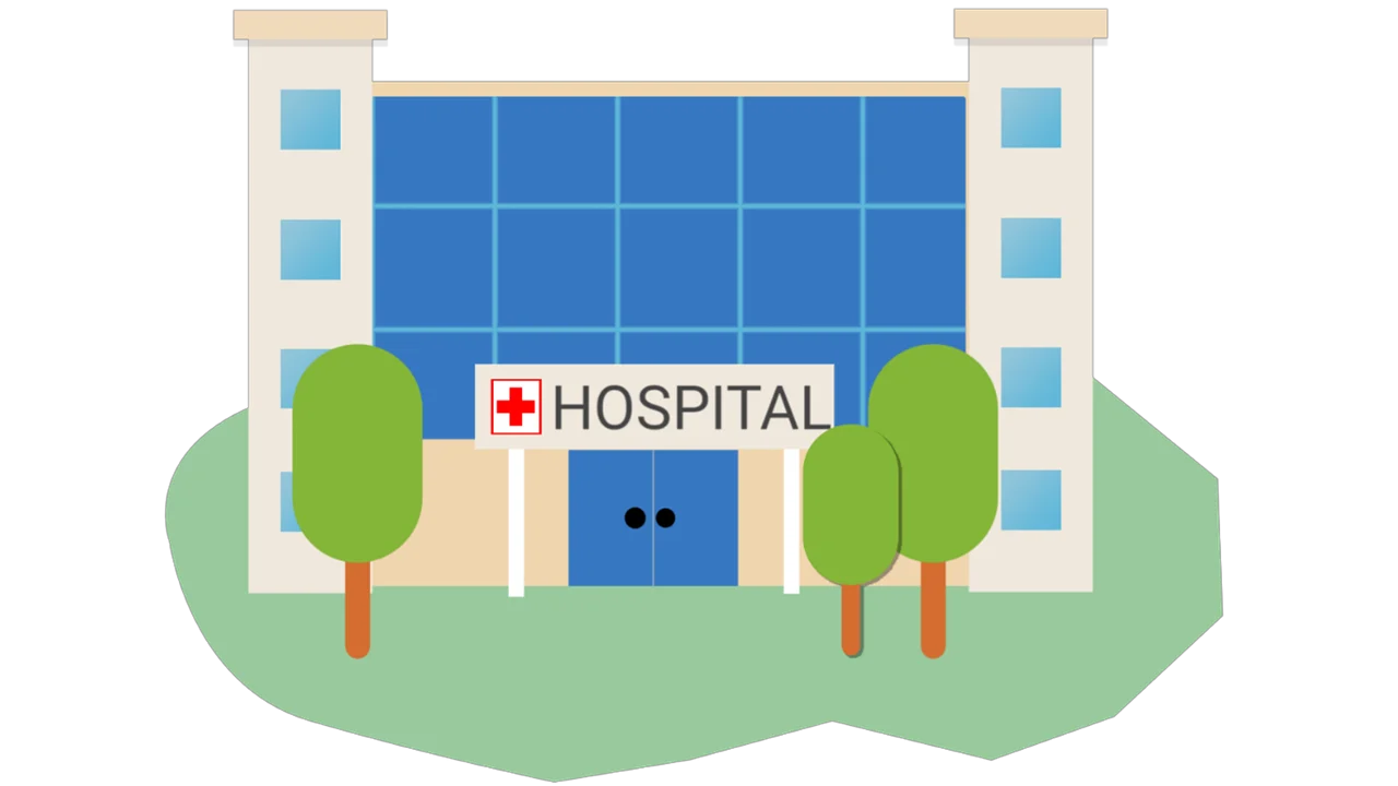 Modern Medical Facility Illustration: Minimalist Hospital Clipart with Scenic Landscape