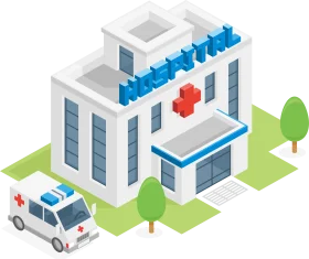 Modern Medical Facility Isometric Clipart Illustration with Ambulance and Healthcare Design
