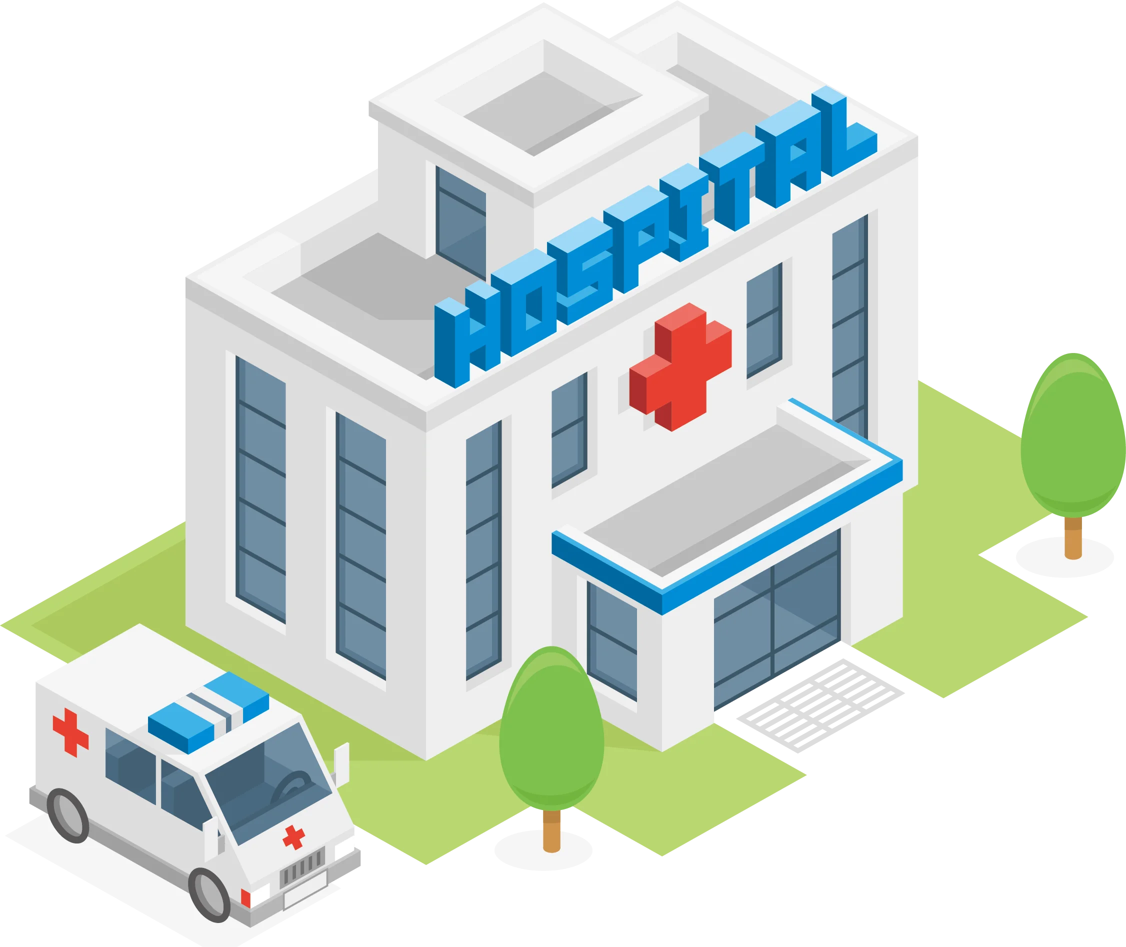Modern Medical Facility Isometric Clipart Illustration with Ambulance and Healthcare Design
