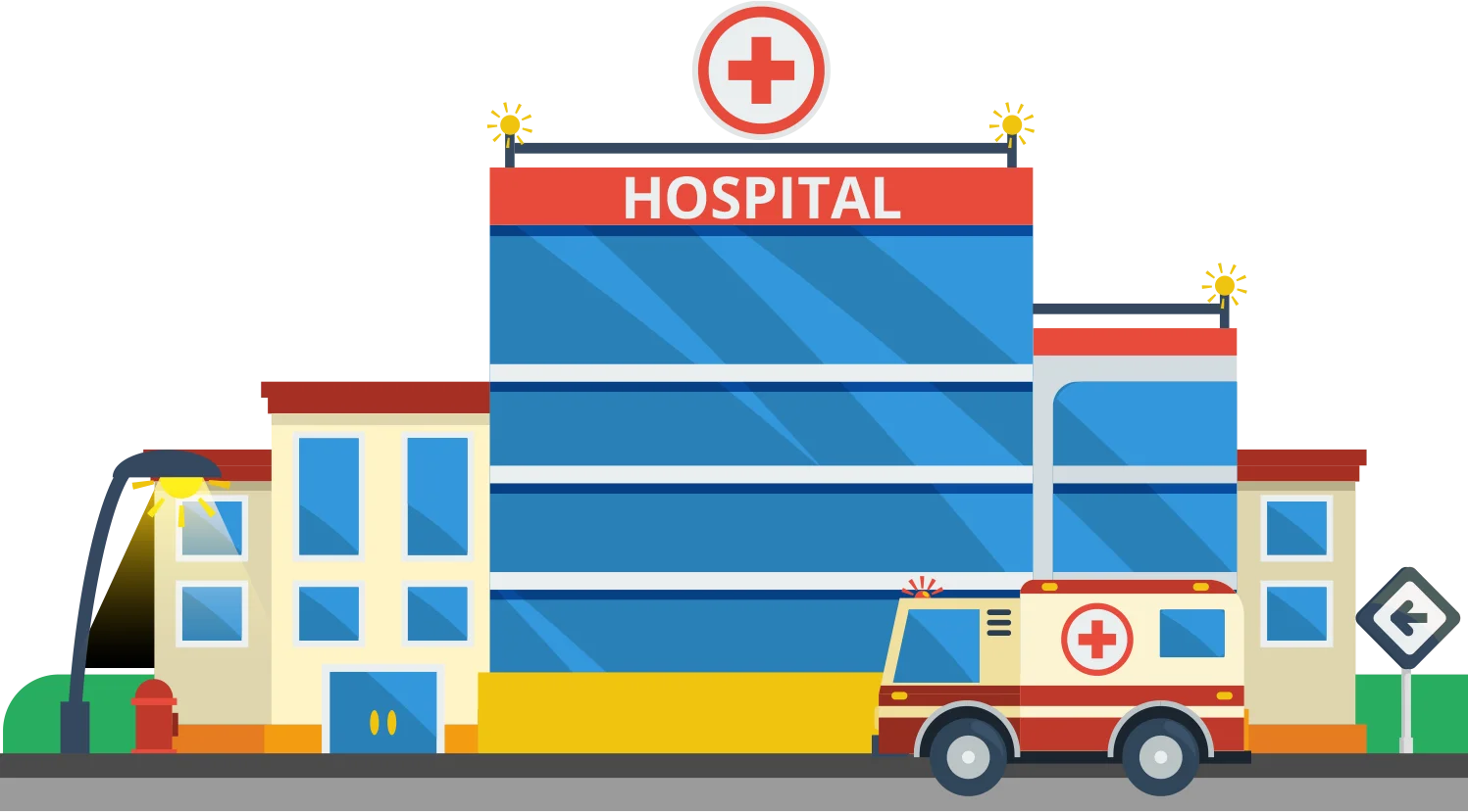 Modern Multicolor Hospital Building and Ambulance Clipart Illustration Design