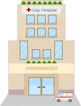 Simple City Hospital Building Exterior Clipart Illustration with Ambulance