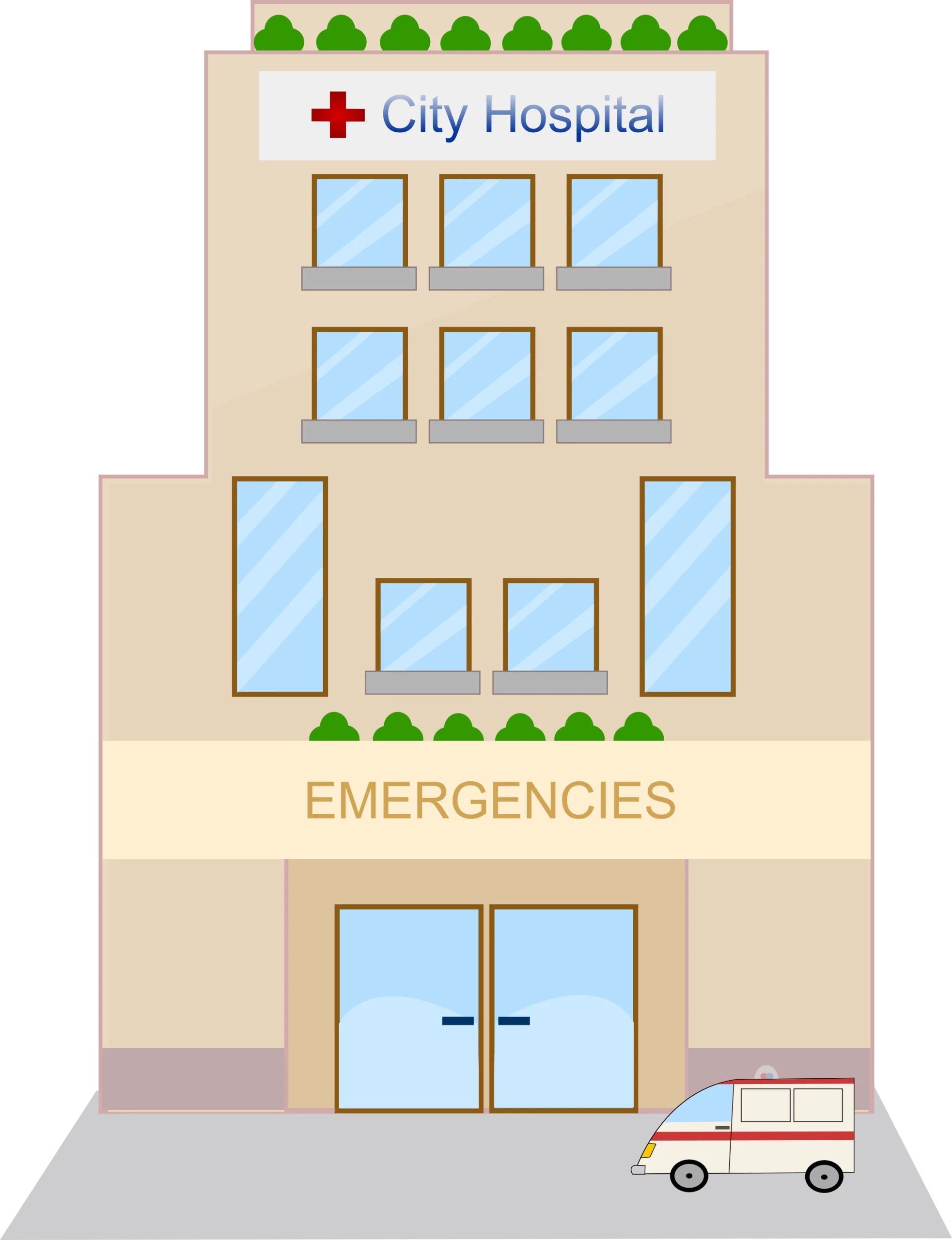 Simple City Hospital Building Exterior Clipart Illustration with Ambulance