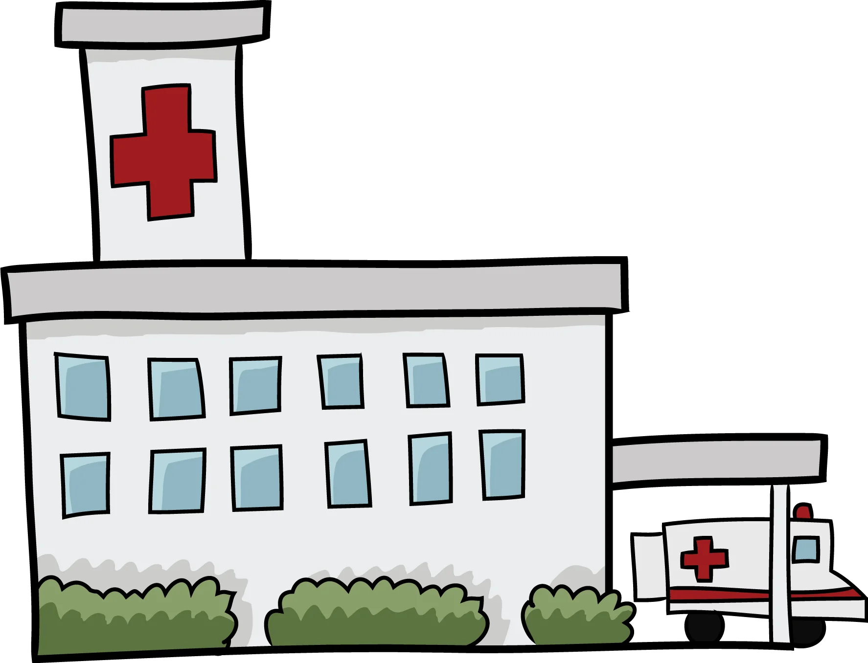 Simple Medical Facility Clipart Illustration with White Building and Ambulance