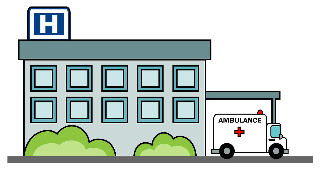 Simple Minimalist Hospital Building and Ambulance Exterior Clipart Illustration