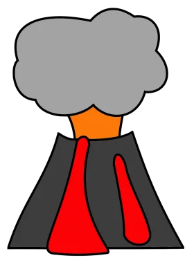 Stylized Erupting Volcano Clipart with Dramatic Gray Smoke and Red Lava Flow