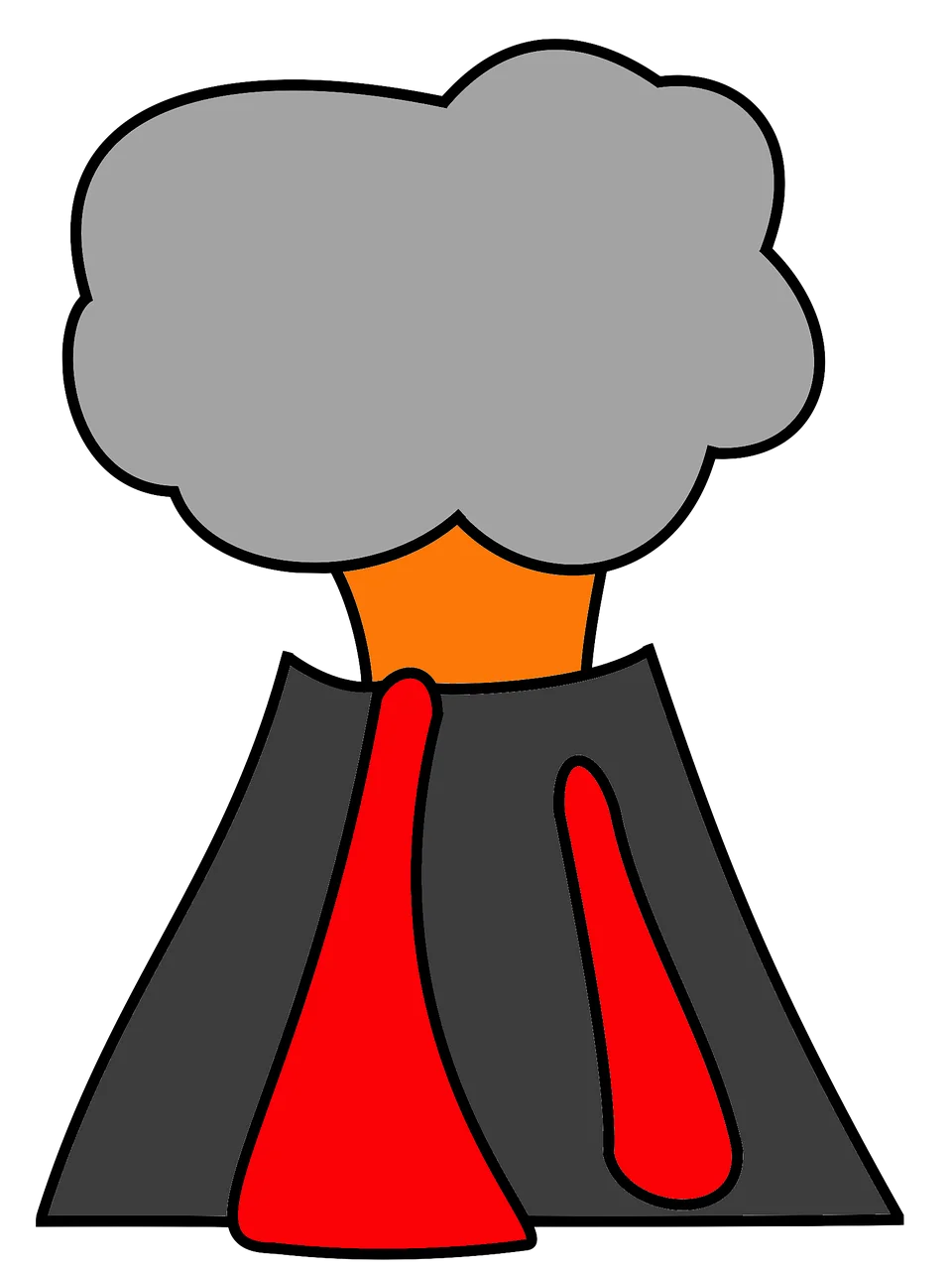 Stylized Erupting Volcano Clipart with Dramatic Gray Smoke and Red Lava Flow