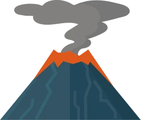 Stylized Volcanic Eruption Clipart: Dramatic Mountain Landscape with Smoke and Lava