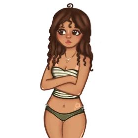 Thoughtful Young Girl in Striped Swimsuit Clipart - Adorable Cartoon Character Illustration