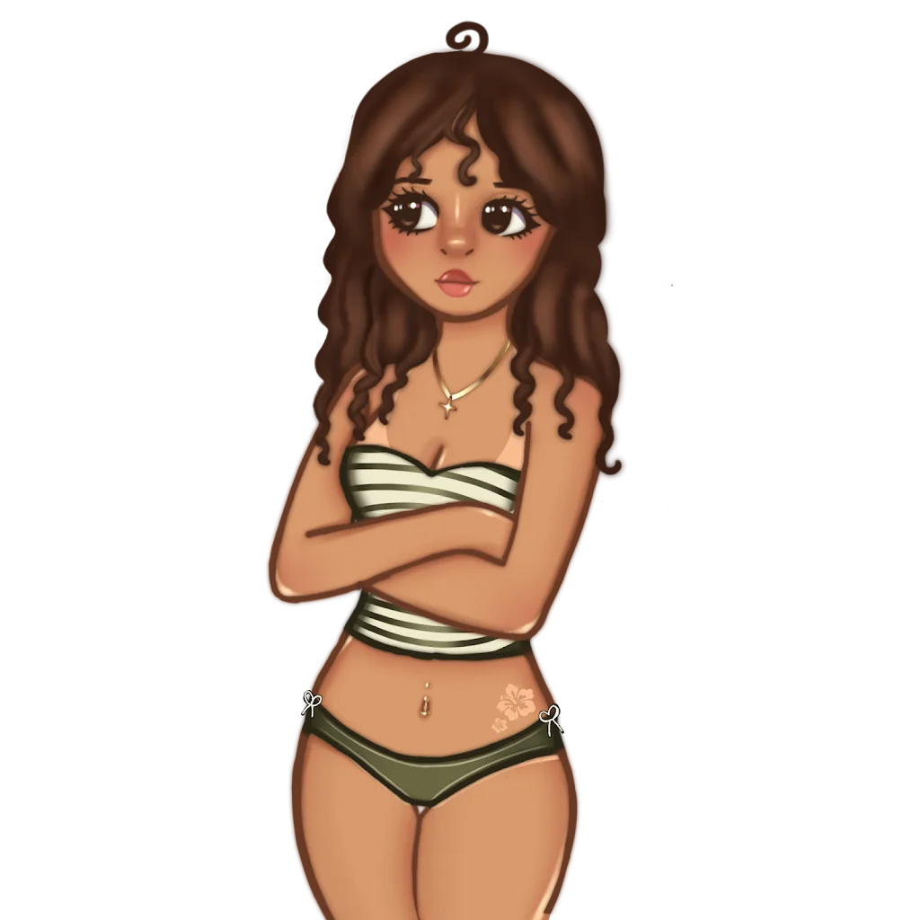 Thoughtful Young Girl in Striped Swimsuit Clipart - Adorable Cartoon Character Illustration