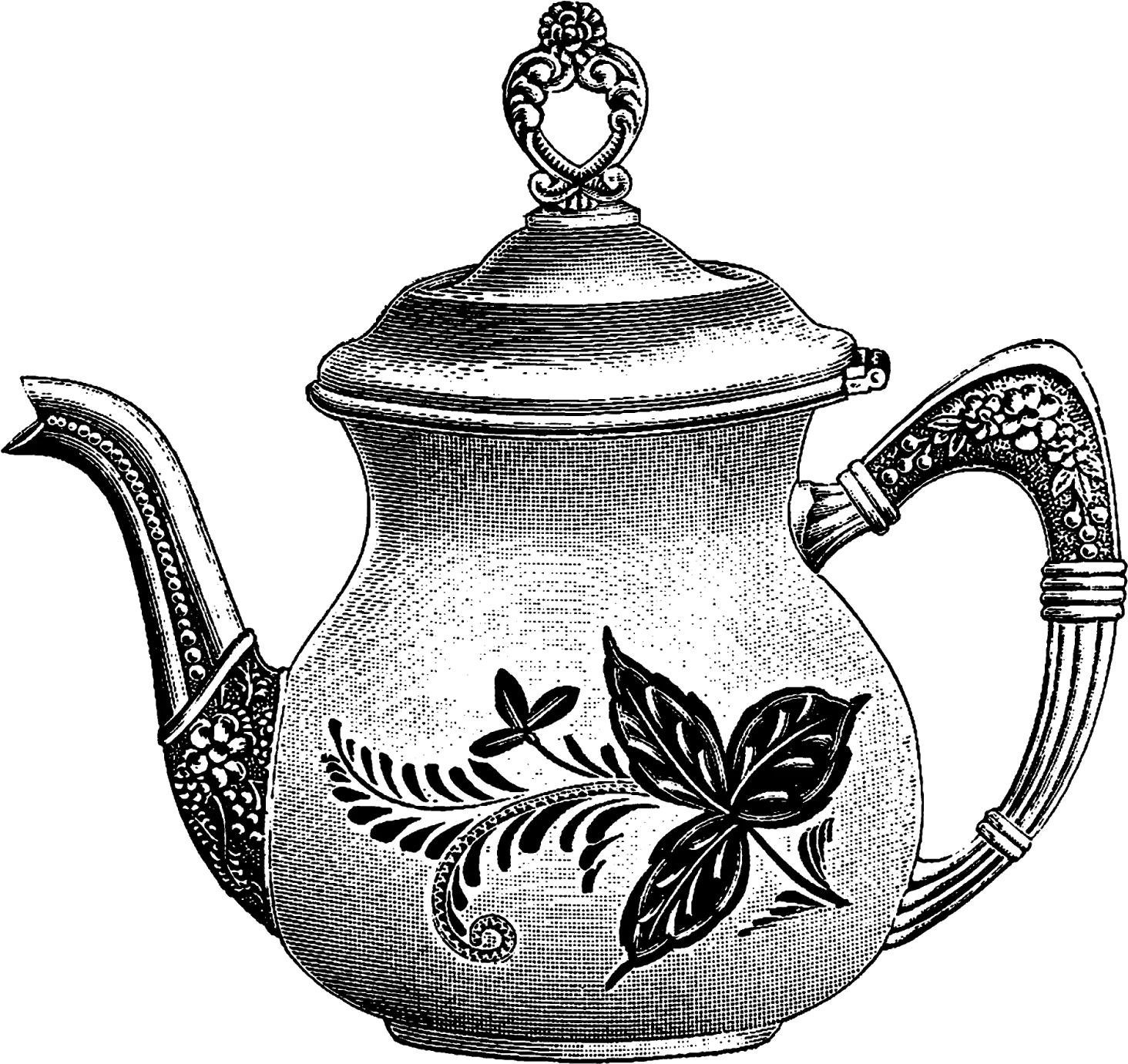 Vintage Ornate Teapot Clipart with Elegant Botanical Leaf Embellishment