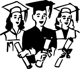Black and White Graduation Clipart Featuring Three Smiling Graduates with Diplomas