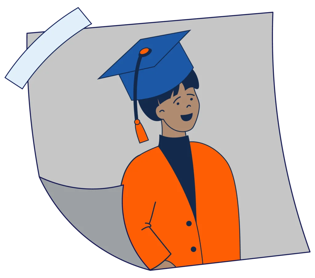 Cheerful Graduate Student Clipart Illustration with Blue Cap and Orange Jacket
