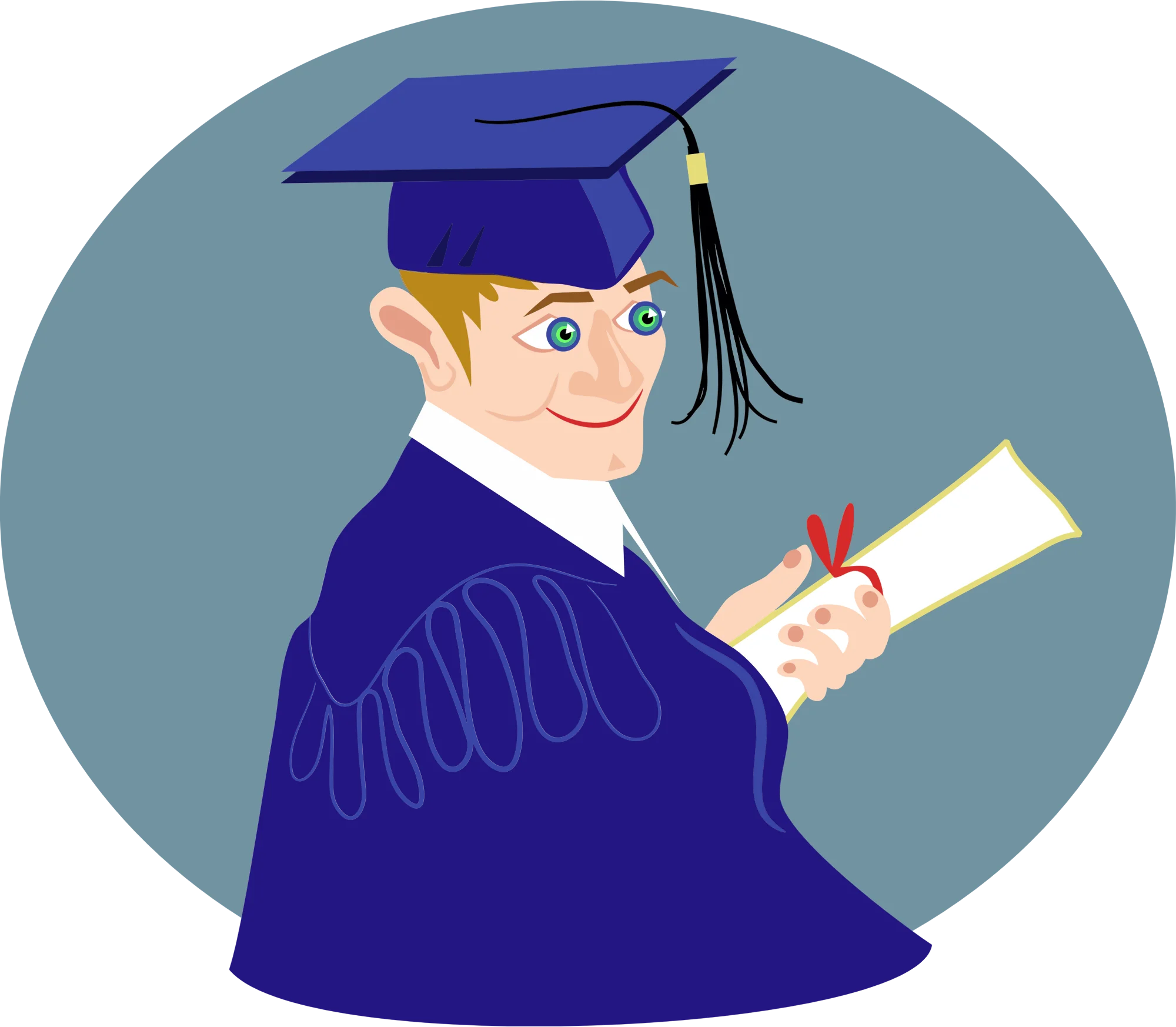 Cheerful Graduate Student Wearing Blue Graduation Gown and Cap Clipart Design