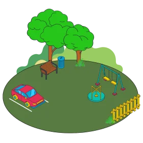 Charming Isometric Playground Scene with Trees, Swings, and Colorful Car Clipart Illustration