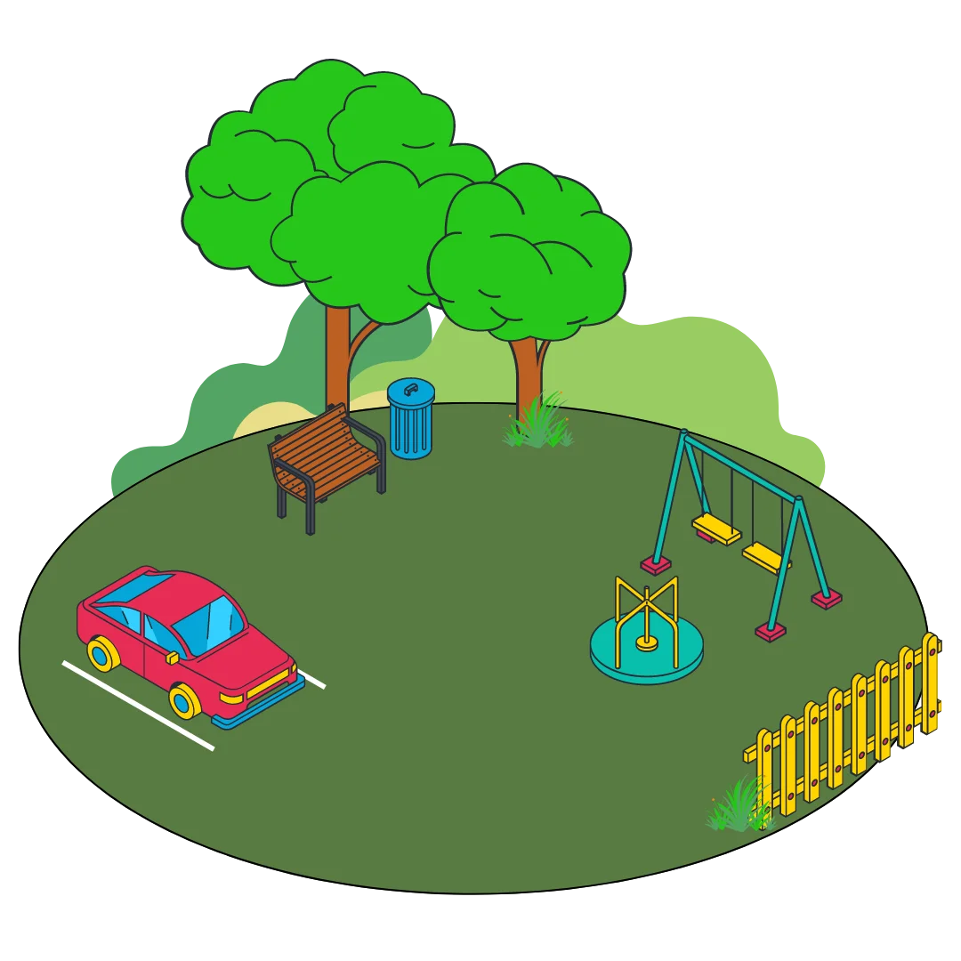 Charming Isometric Playground Scene with Trees, Swings, and Colorful Car Clipart Illustration