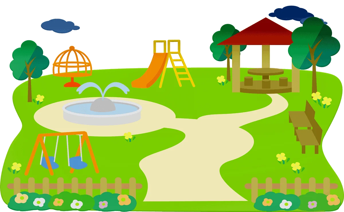 Cheerful Cartoon Playground Clipart with Winding Path and Playful Elements