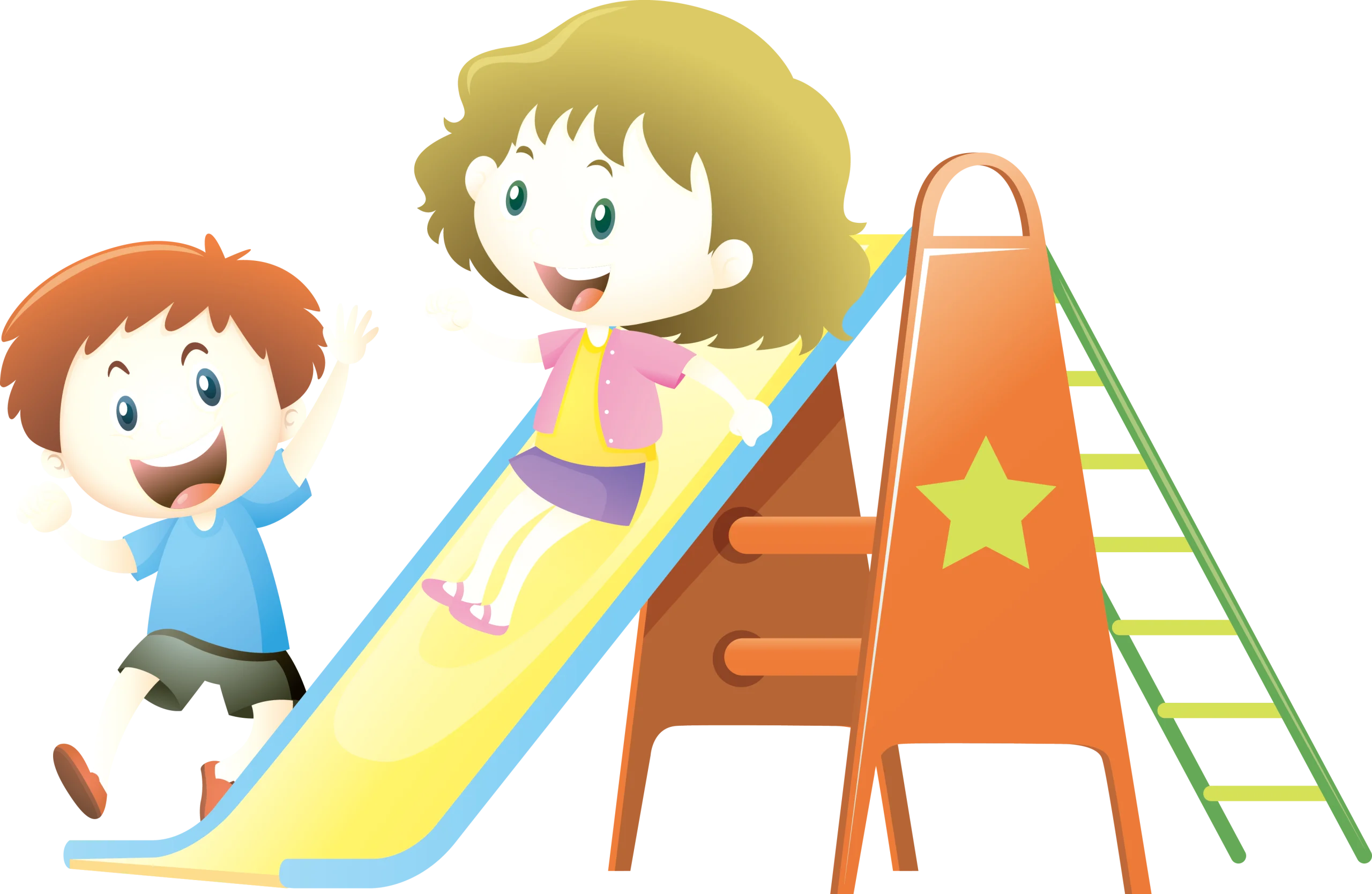 Cheerful Children Playing on Colorful Playground Slide Clipart Illustration