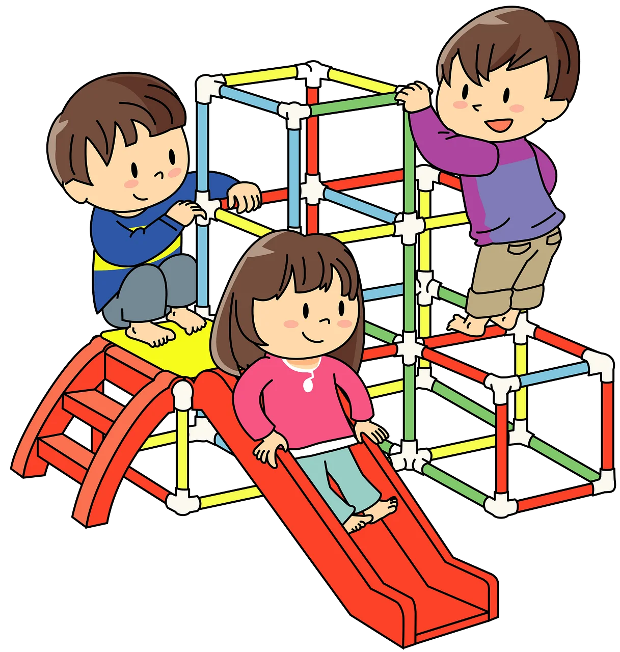 Children Playing on Colorful Geometric Climbing Structure Clipart Illustration