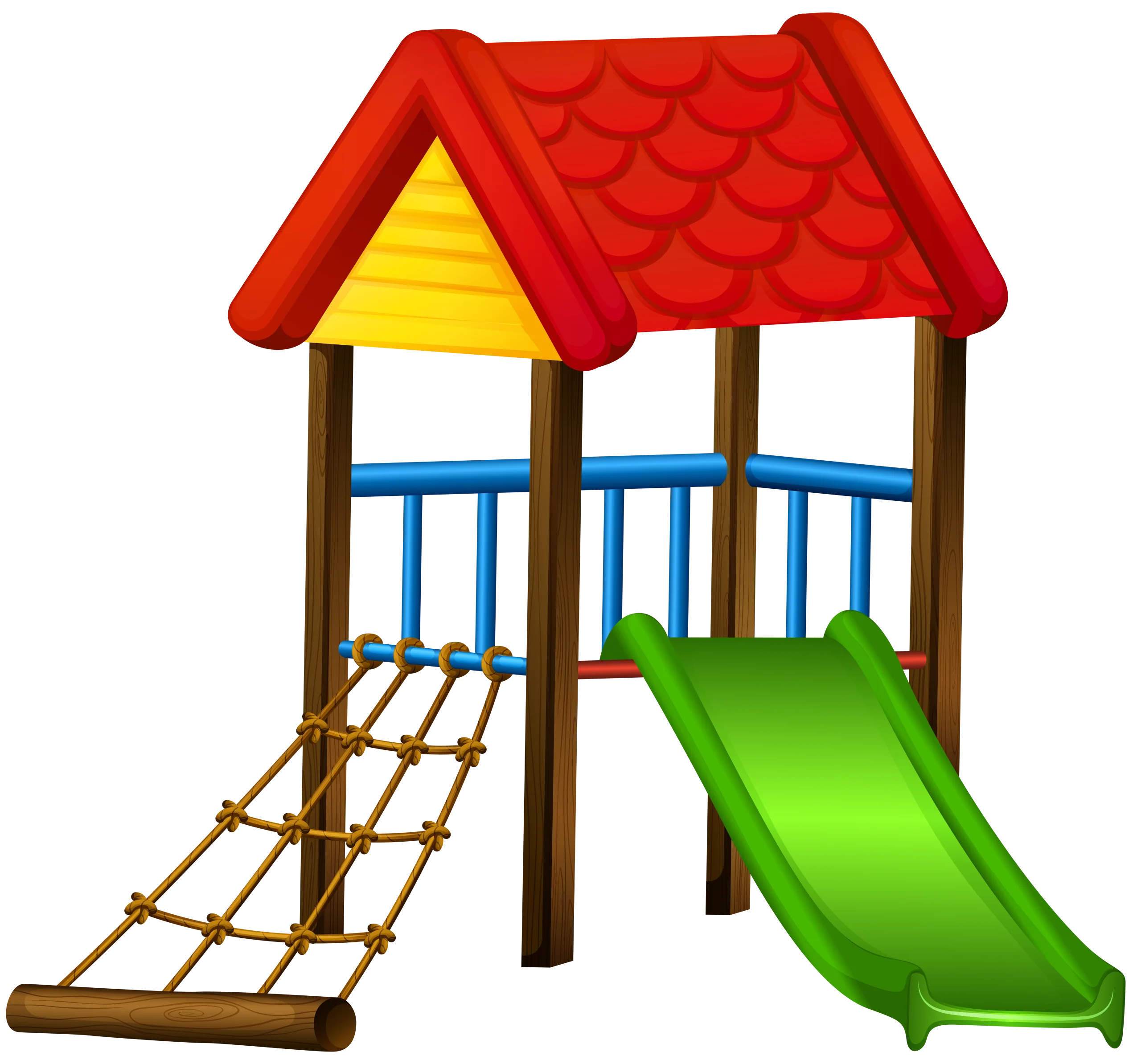 Colorful Children's Playground Clipart with Slide, Roof, and Climbing Rope Ladder