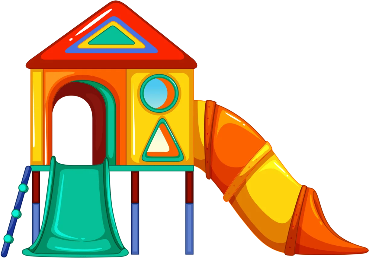 Colorful Geometric Playground Clipart with Spiral Slide and Elevated Platform