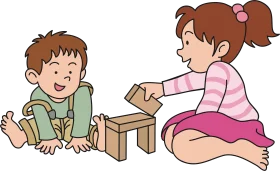 Playful Children Building Wooden Blocks Together - Friendly Playground Clipart Scene
