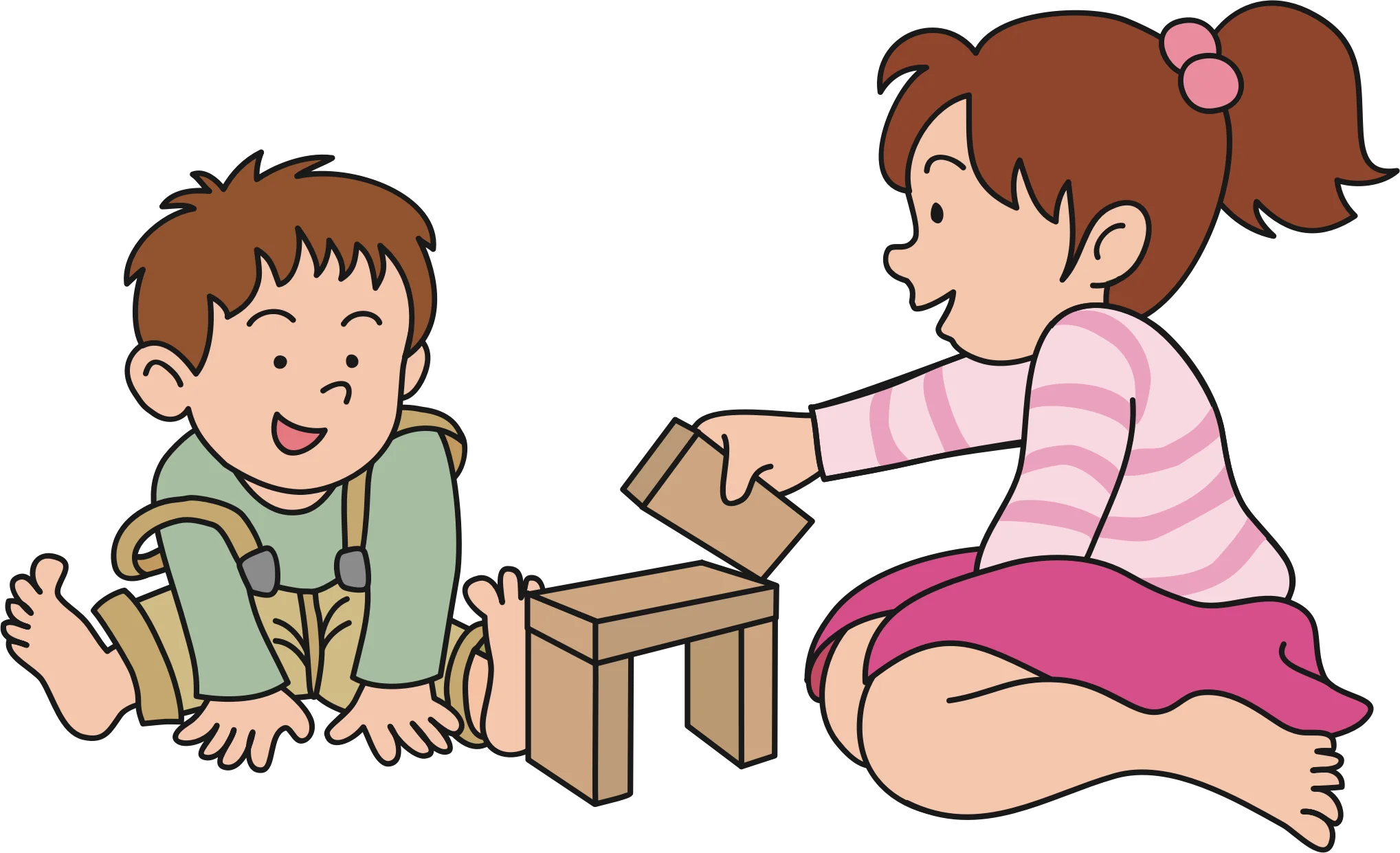 Playful Children Building Wooden Blocks Together - Friendly Playground Clipart Scene