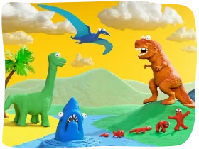 Prehistoric Playground: A Whimsical Dinosaur Clipart Scene with Playful Characters